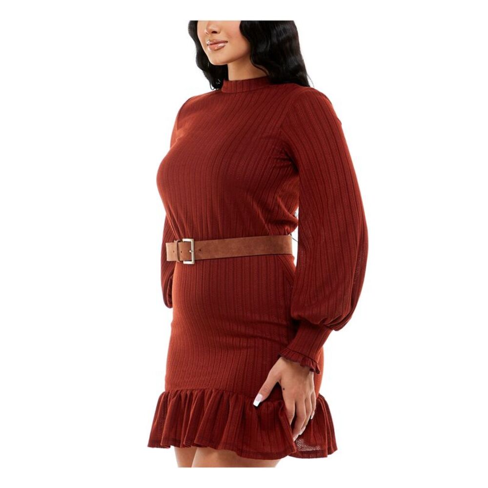 B DARLIN Womens Belted Button Closure Balloon Sleeve Short Fit + Flare Dress - Picture 3 of 4
